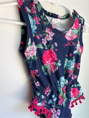 Navy Floral Pom Pom Romper Bodysuit 6-9M Pink Flower Baby Girl